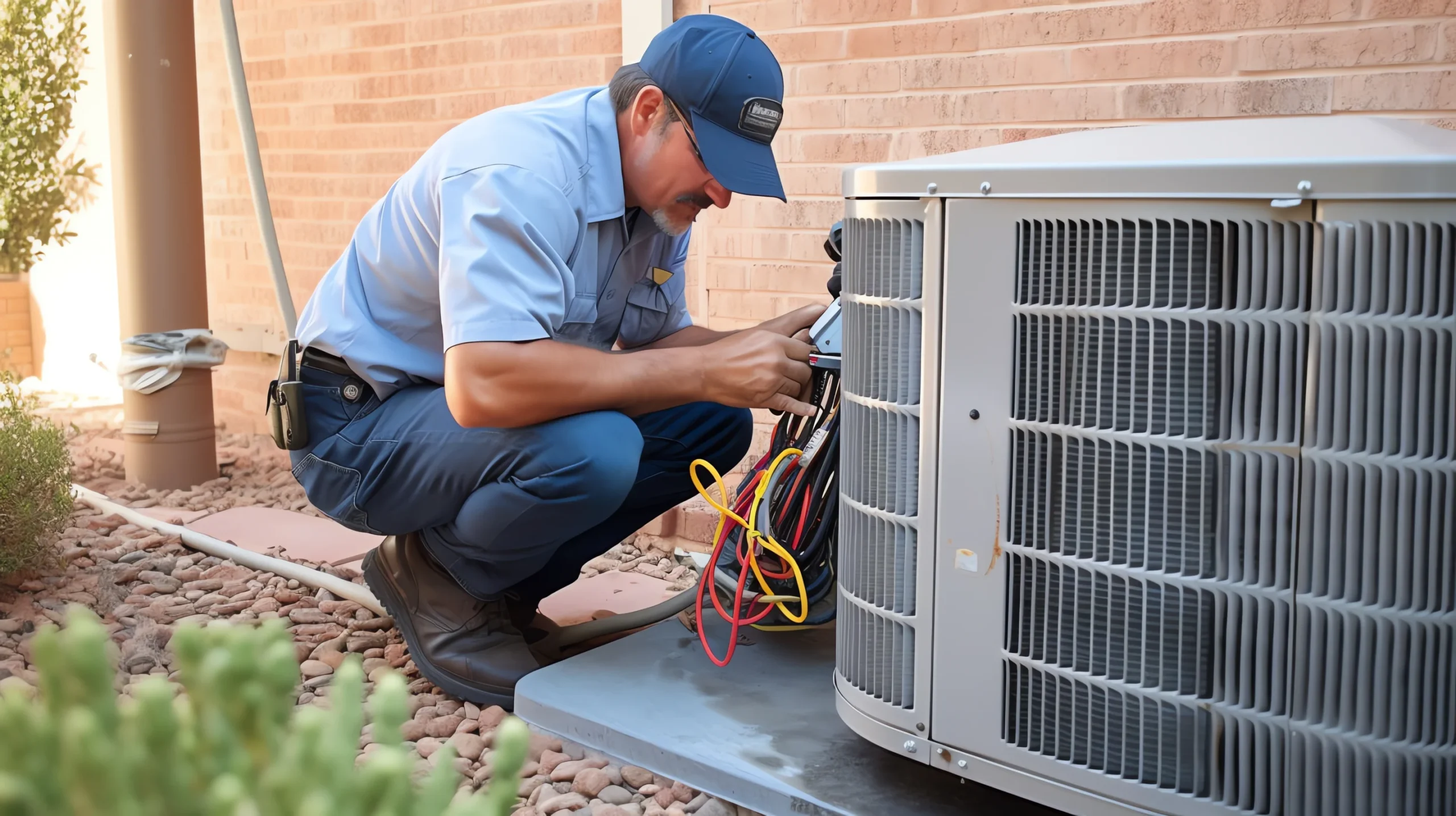 A technician works on a heat pump outdoors