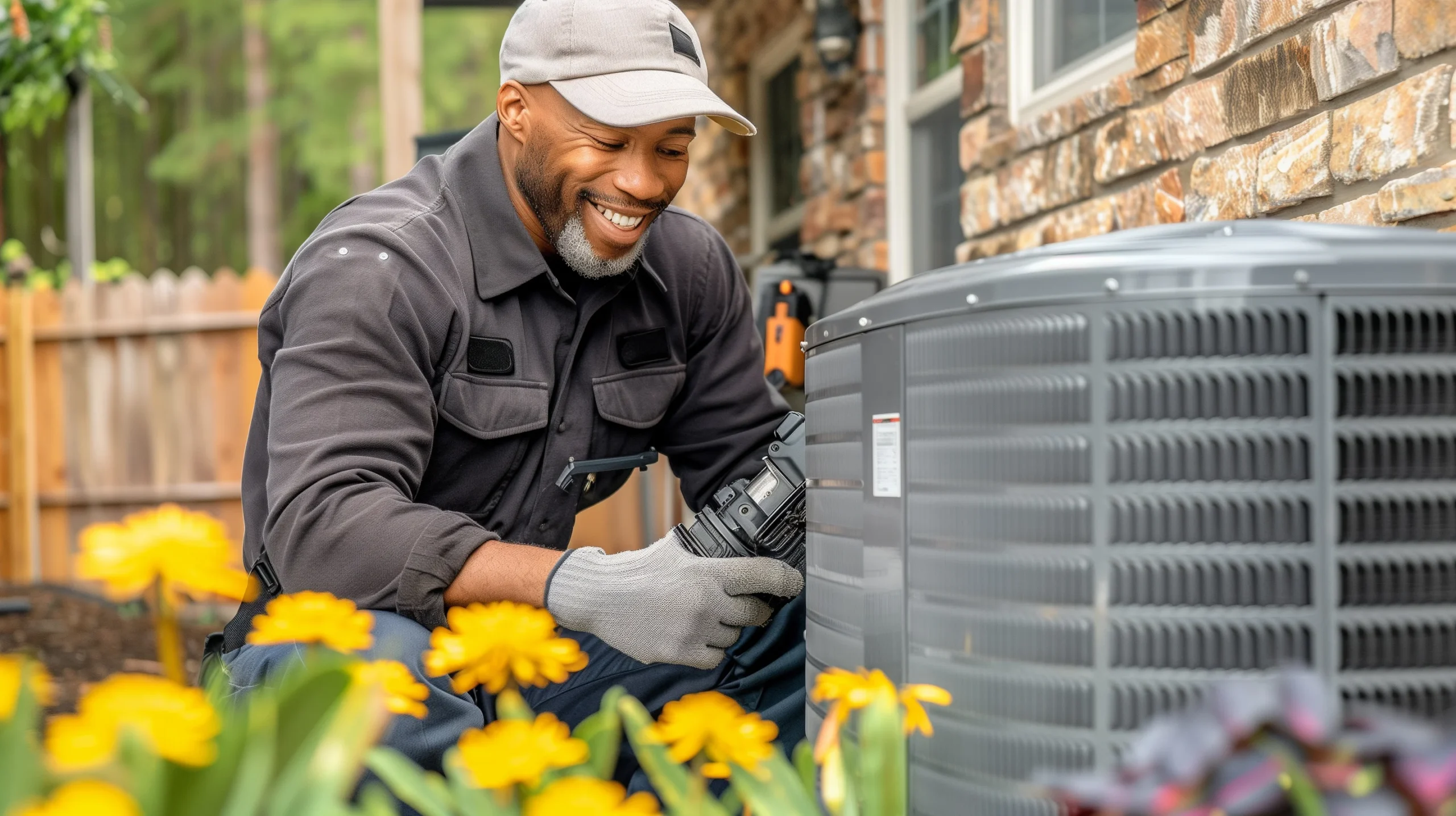 An HVAC tech smiling after repairing a heat pump