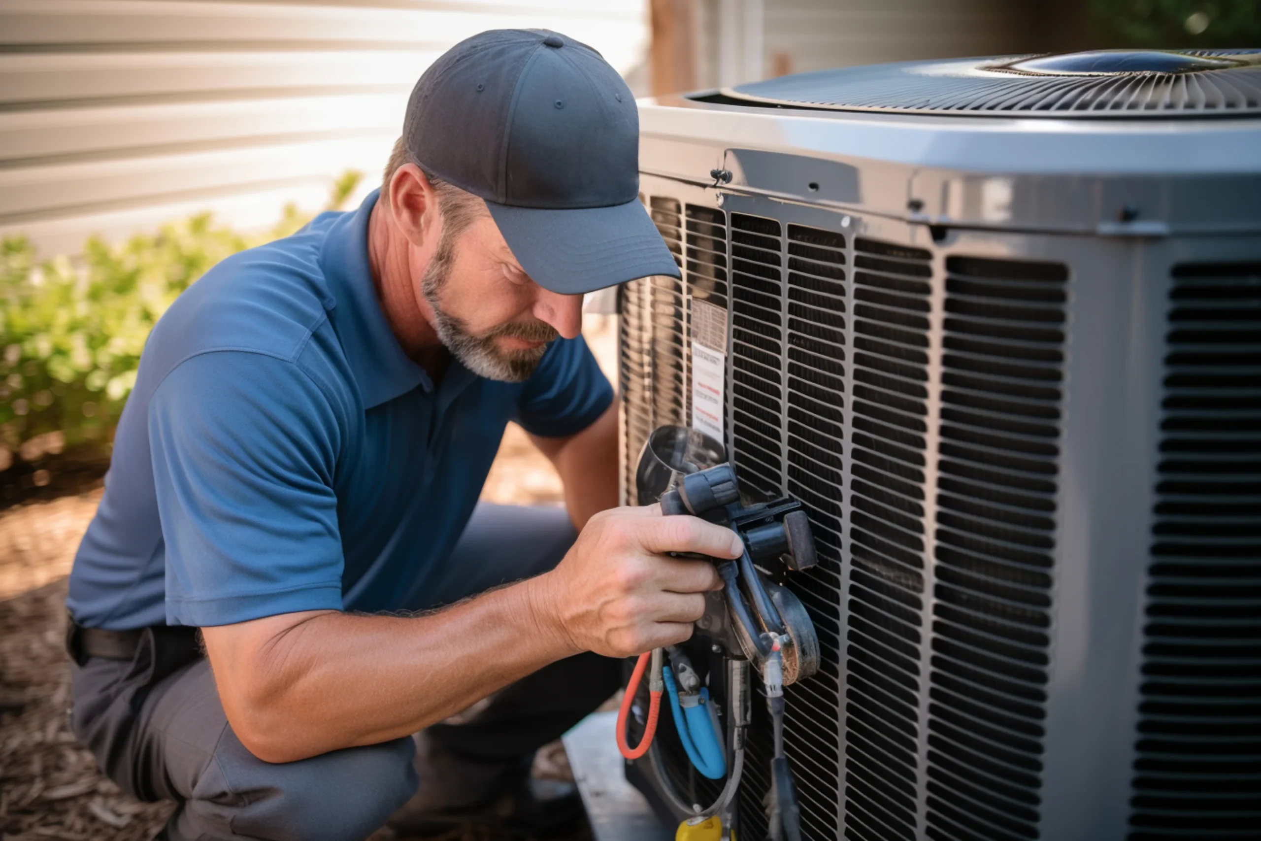 an HVAC technician working inside of an outdoor unit