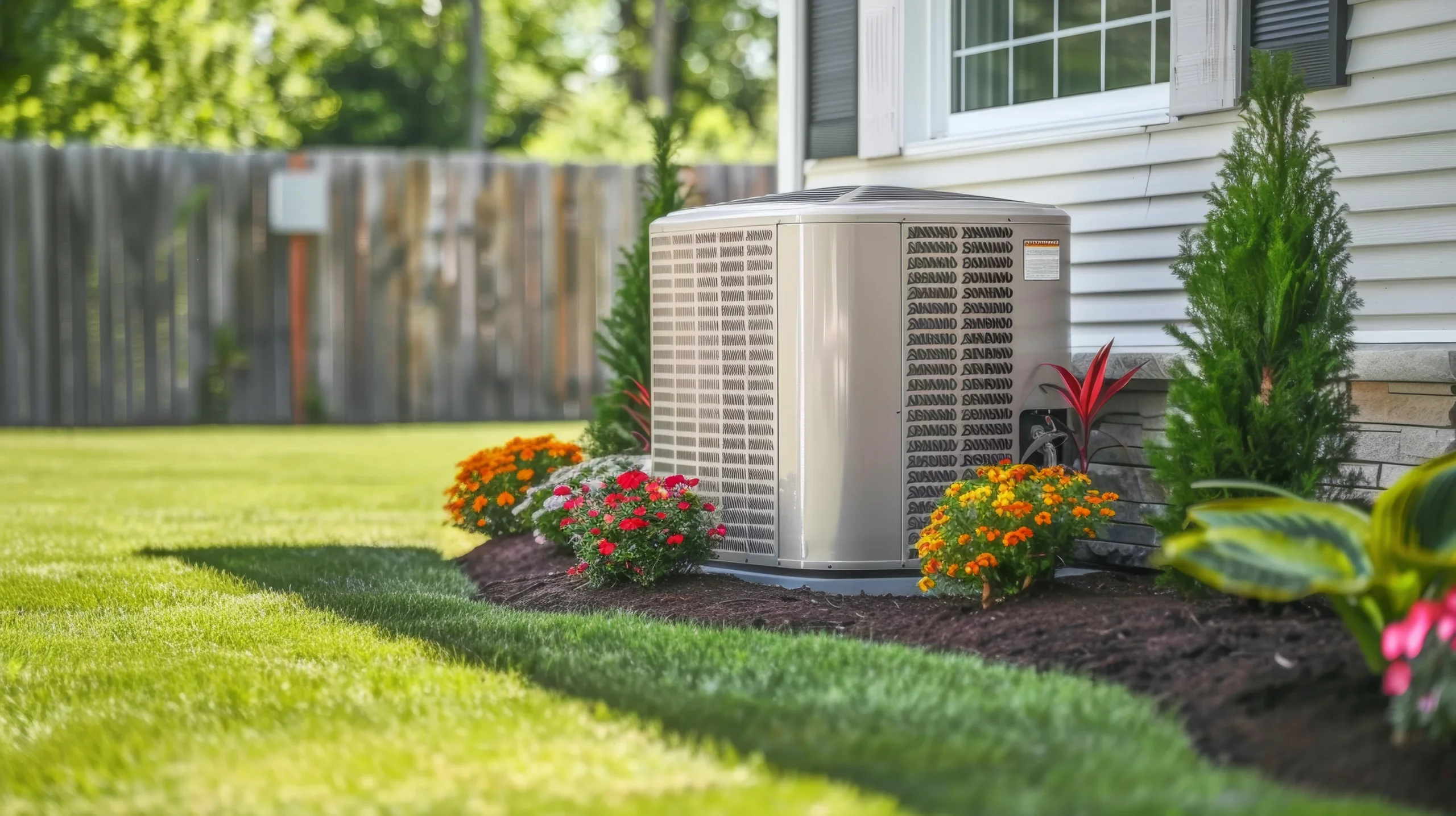 A new HVAC unit installed in a well manicured garden